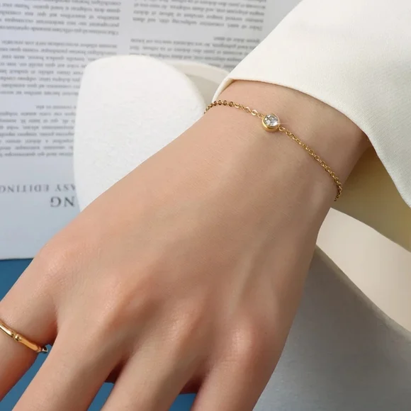 NEW 18k Yellow Gold | 925 Sterling Bezel Set Diamond Solitaire Bracelet - Picture 13 of 16